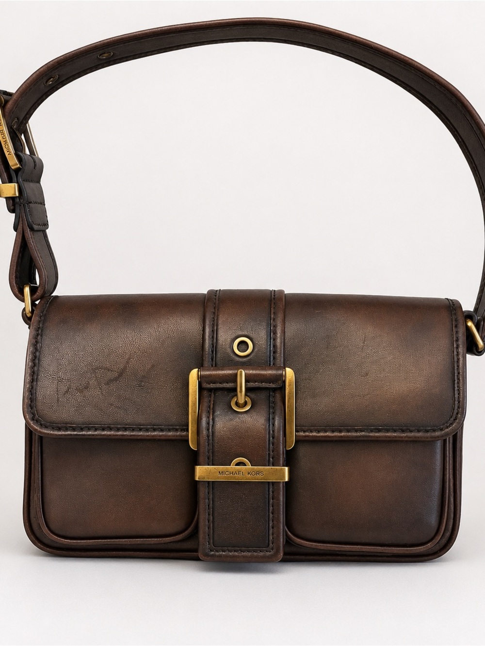 Michael Kors Distressed Brown Leather Shoulder Bag with Gold Hardware